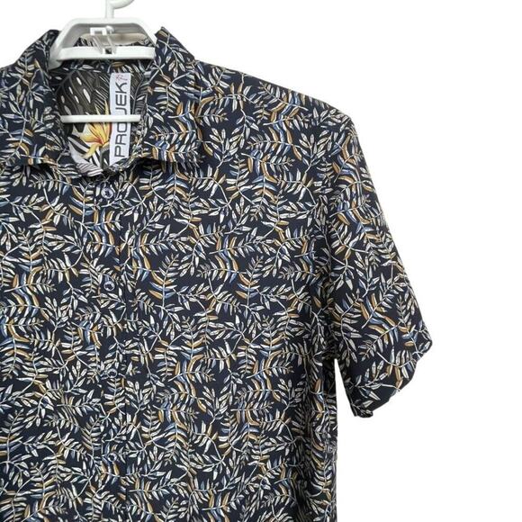 Raw Projek Button Up Shirt XL Blue Brown Palm Leaves Casual Tropical‎ - Picture 2 of 11